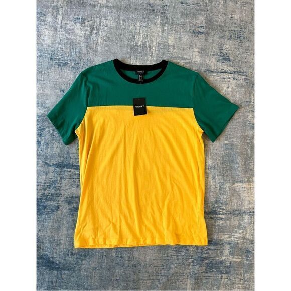 NWT! Forever 21 Yellow Green Color Block Short Sleeve Tee Mens Large - Picture 1 of 5